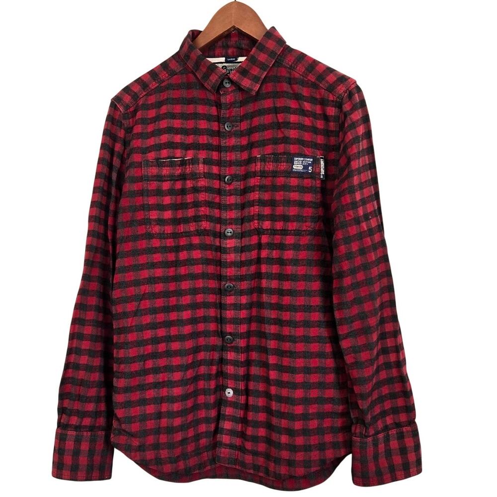 90s Grunge Indie Sleaze Superdry Red Black Check Button‑Down Shirt Size Large